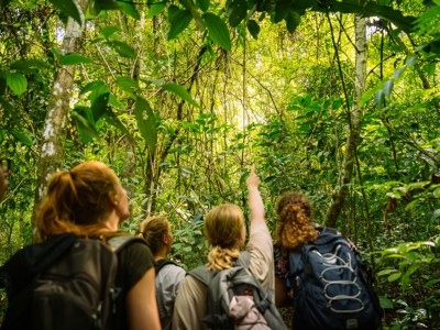 Groep wandelaars met rugzakken in het regenwoud van Costa Rica tijdens de 22-35ers groepsreis.