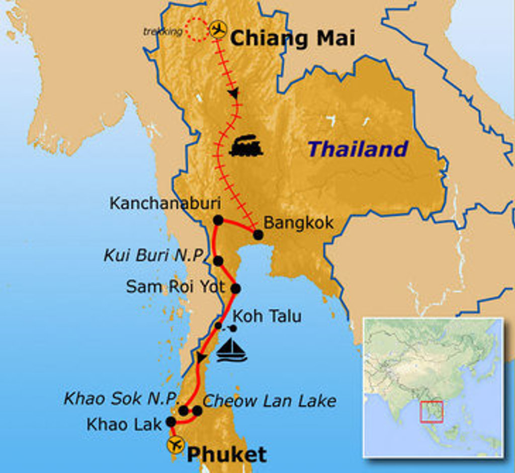 Routekaart Thailand mei t/m september met reisroute langs Chiang Mai, Bangkok, Kanchanaburi en Phuket.
