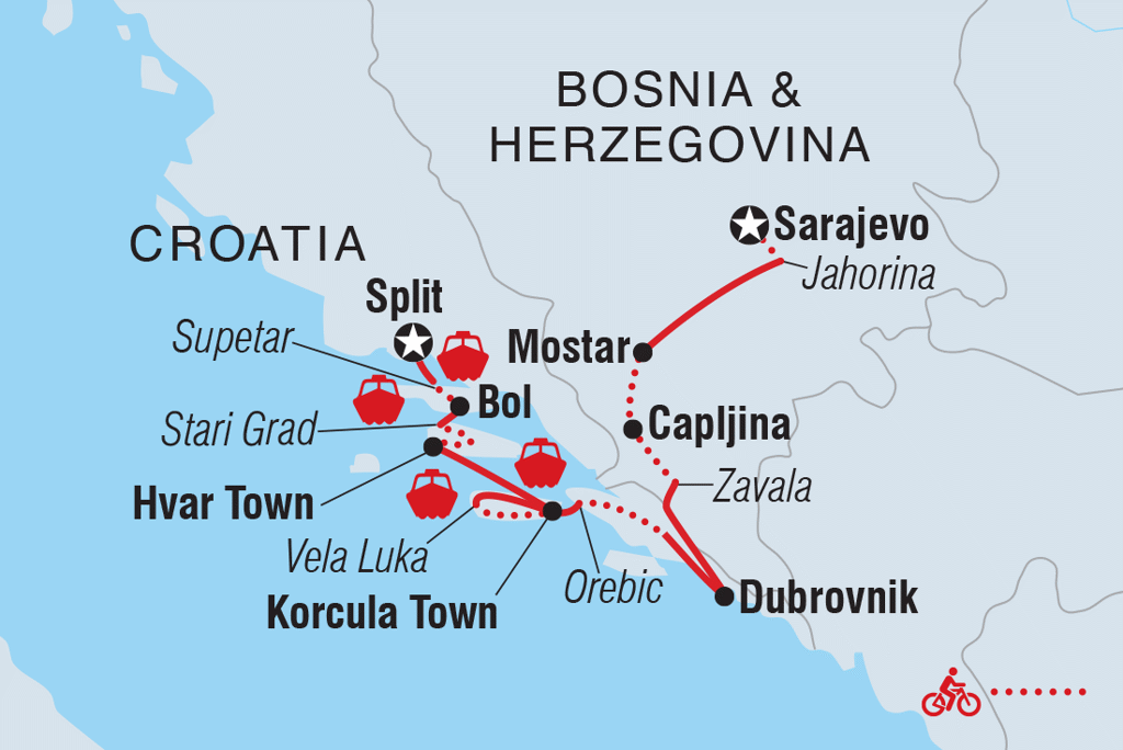 Routekaart fietsvakantie Kroatië en de Balkan met stops o.a. Split, Hvar, Korcula, Dubrovnik en Sarajevo.