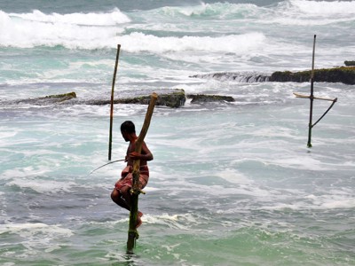 Stokvisser op palen in de branding aan de kust van Sri Lanka.