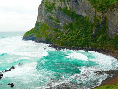 Kustklif met groene begroeiing en golven bij Jeju-eiland, Zuid-Korea.