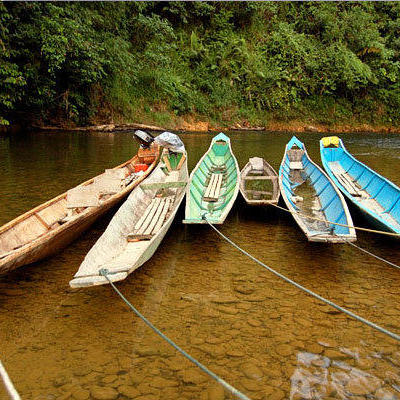 Traditionele houten bootjes aan de oever van een rivier in Kalimantan, Indonesië.