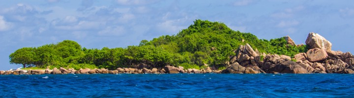 Groen eiland met rotsachtige kust in de oceaan bij Pigeon Island, Sri Lanka.