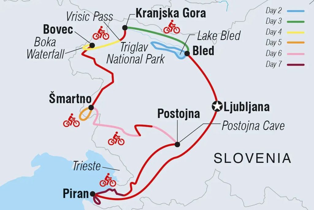 Routekaart van de Slovenië fietsvakantie langs Ljubljana, Bled, Triglav Nationaal Park, Bovec, Postojna en Piran.