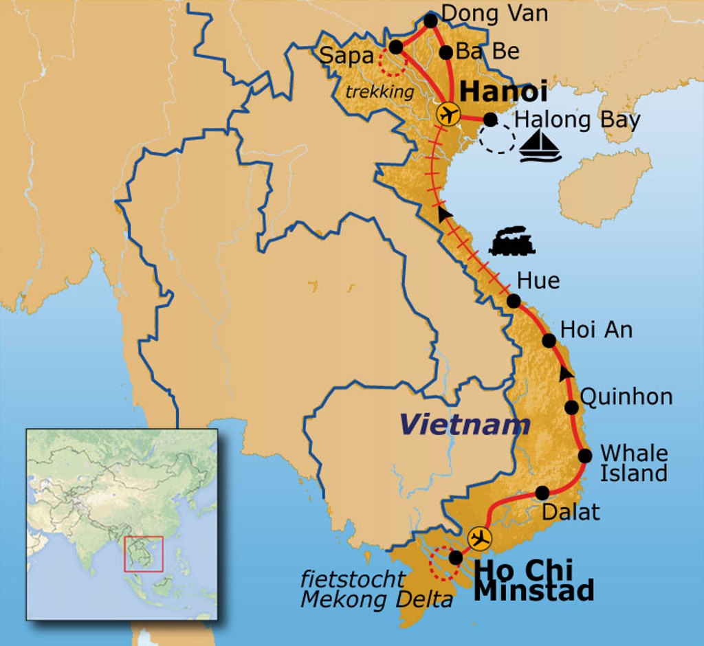 Routekaart Vietnam met reisroute langs Hanoi, Halong Bay, Hue, Hoi An, Dalat en Ho Chi Minhstad.