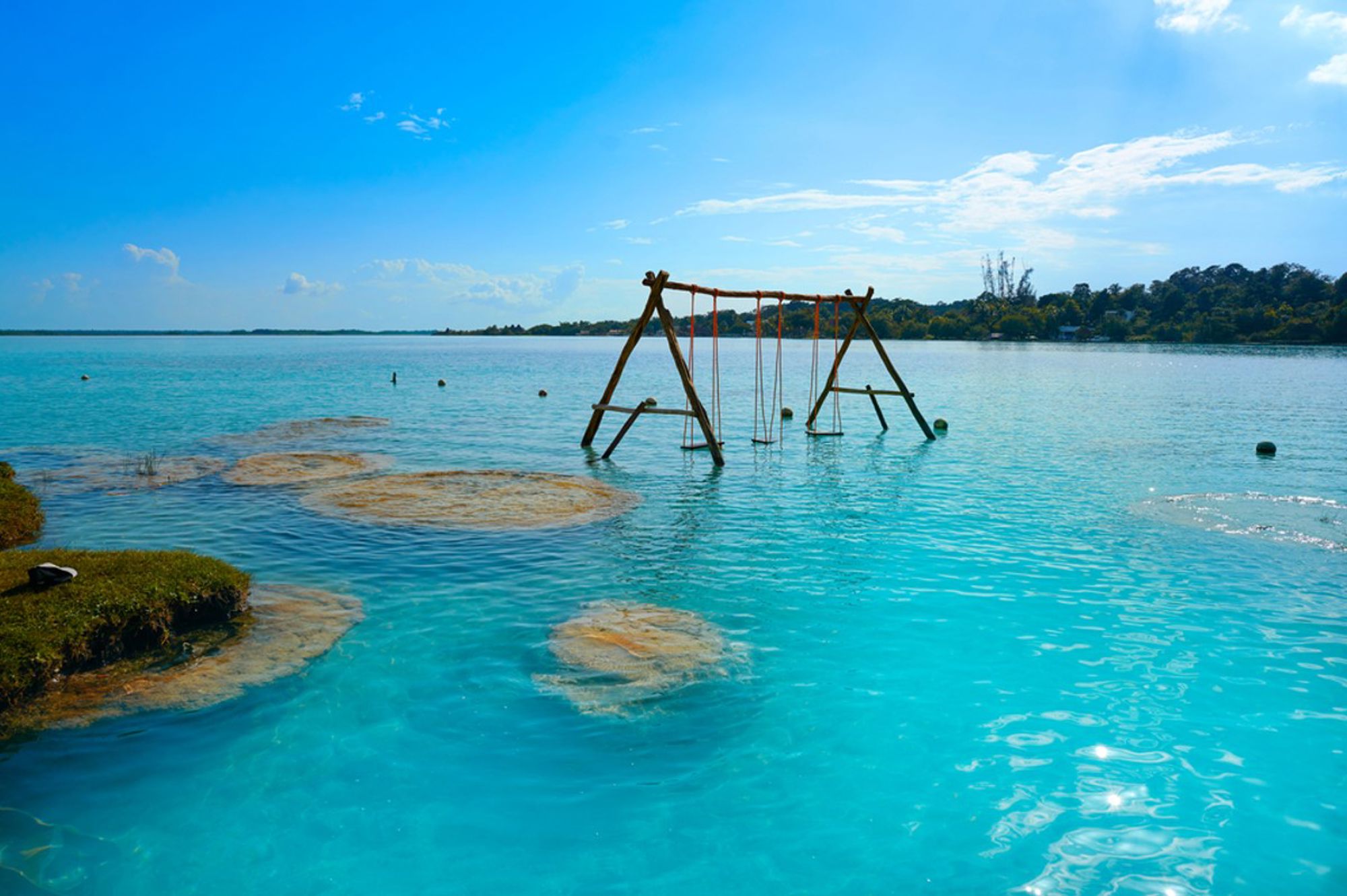 Houten schommel in helderblauw water bij Bacalar Lagoon in Mexico, met groene oever en blauwe lucht.