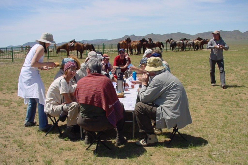 Groepsrondreis Mongolië: reizigers lunchen in de steppe, met paarden op de achtergrond.