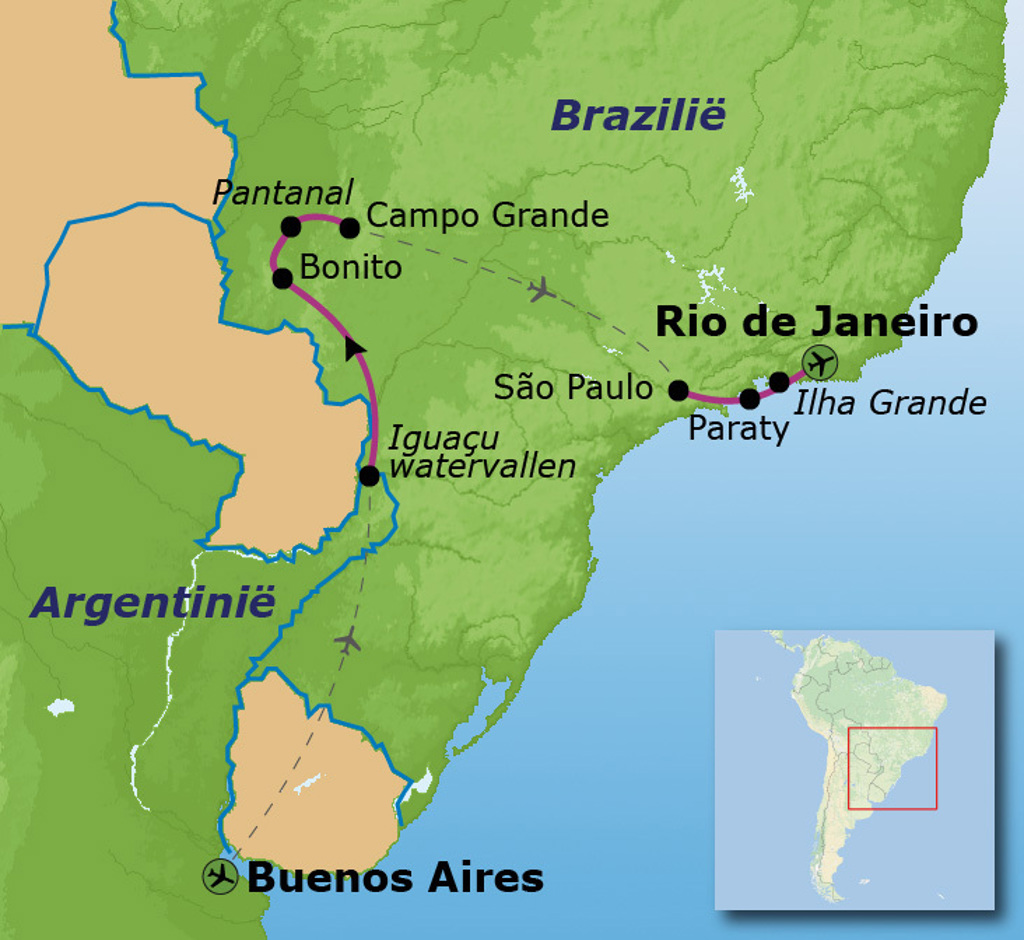 Routekaart Buenos Aires naar Rio de Janeiro via Iguaçu watervallen, Pantanal, Bonito, Paraty en Ilha Grande.
