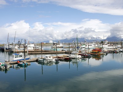 Jachthaven met vissersboten en kajaks, met besneeuwde bergen op de achtergrond in Alaska.