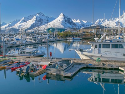 Jachthaven in Alaska met boten en kajaks, met besneeuwde bergen op de achtergrond.