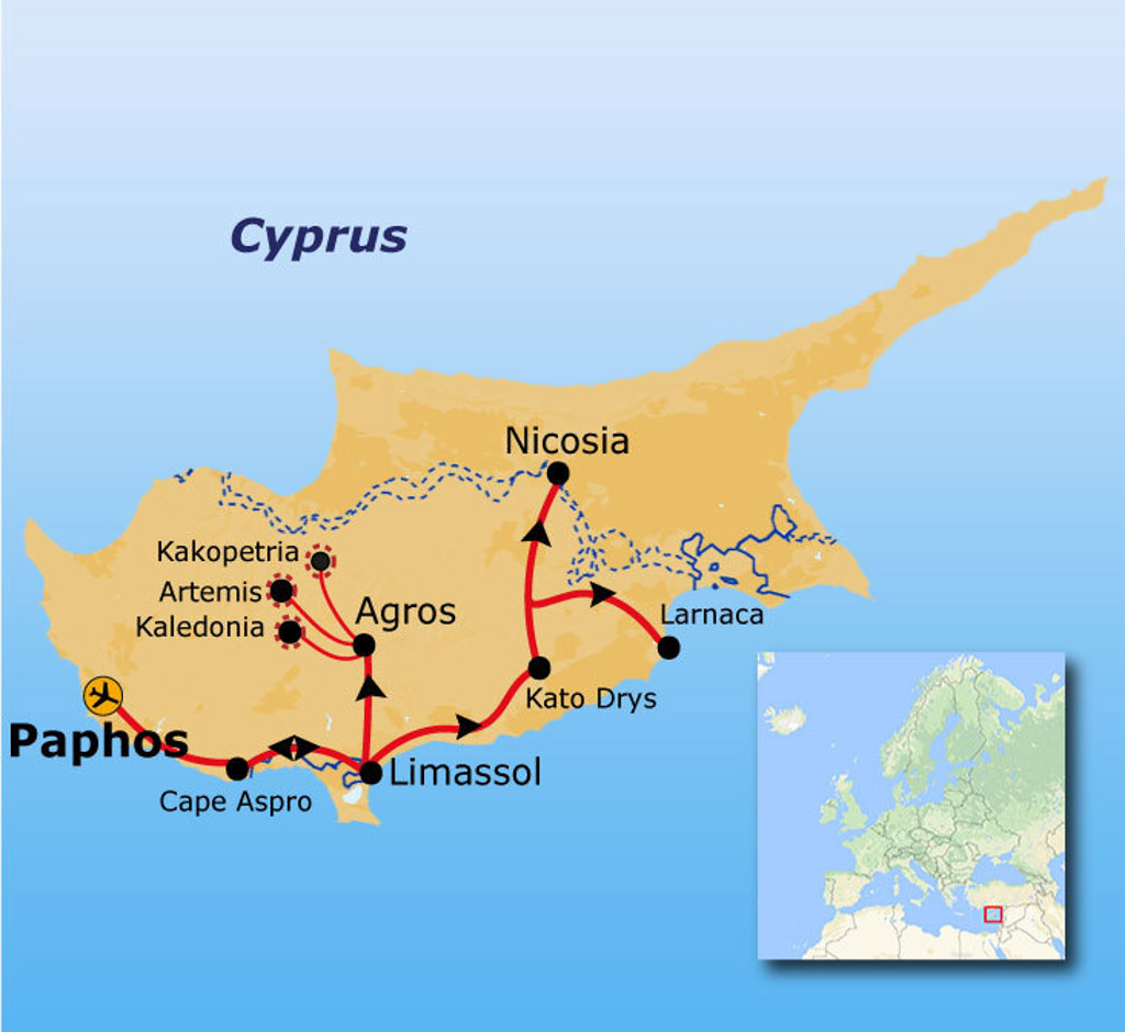 Routekaart Cyprus met reisroute langs Paphos, Limassol, Agros, Nicosia, Larnaca en Kato Drys.