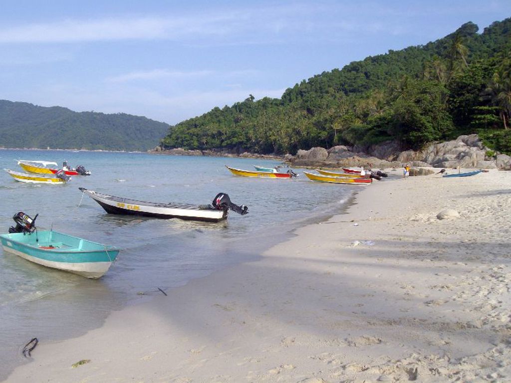 Longtailboten voor de kust bij een wit zandstrand met tropisch groen, tijdens groepsrondreis Singapore, Maleisië & Thailand.
