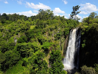 Waterval in weelderig groen landschap tijdens de route Kenia, Tanzania en Zanzibar.