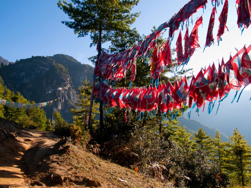 Wapperende gebedsvlaggen langs een bergpad in de Himalaya tijdens de groepsrondreis Sikkim en Bhutan.