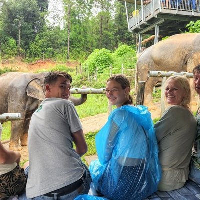 Bezoekers kijken naar olifanten in Chang Chill olifantenopvang tijdens een excursie met lunch.