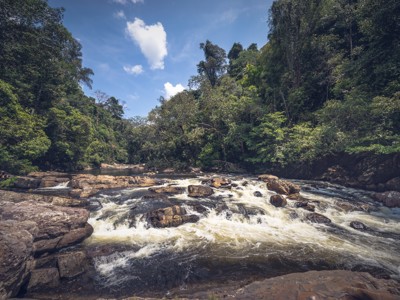 Rivier met stroomversnellingen en rotsen in tropisch regenwoud op de route Singapore, Maleisië & Thailand.