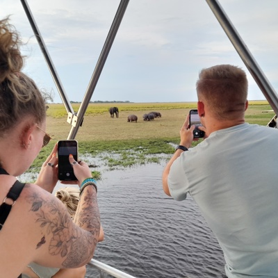 Reizigers tijdens 22-35ers reis Zuidelijk Afrika fotograferen nijlpaarden en olifant vanaf een boot.