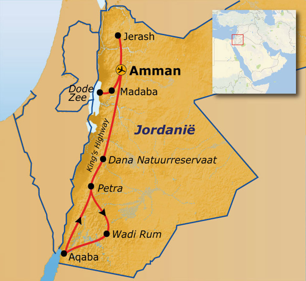 Routekaart Jordanië met reisroute langs Amman, Jerash, Dode Zee, Petra, Wadi Rum en Aqaba.