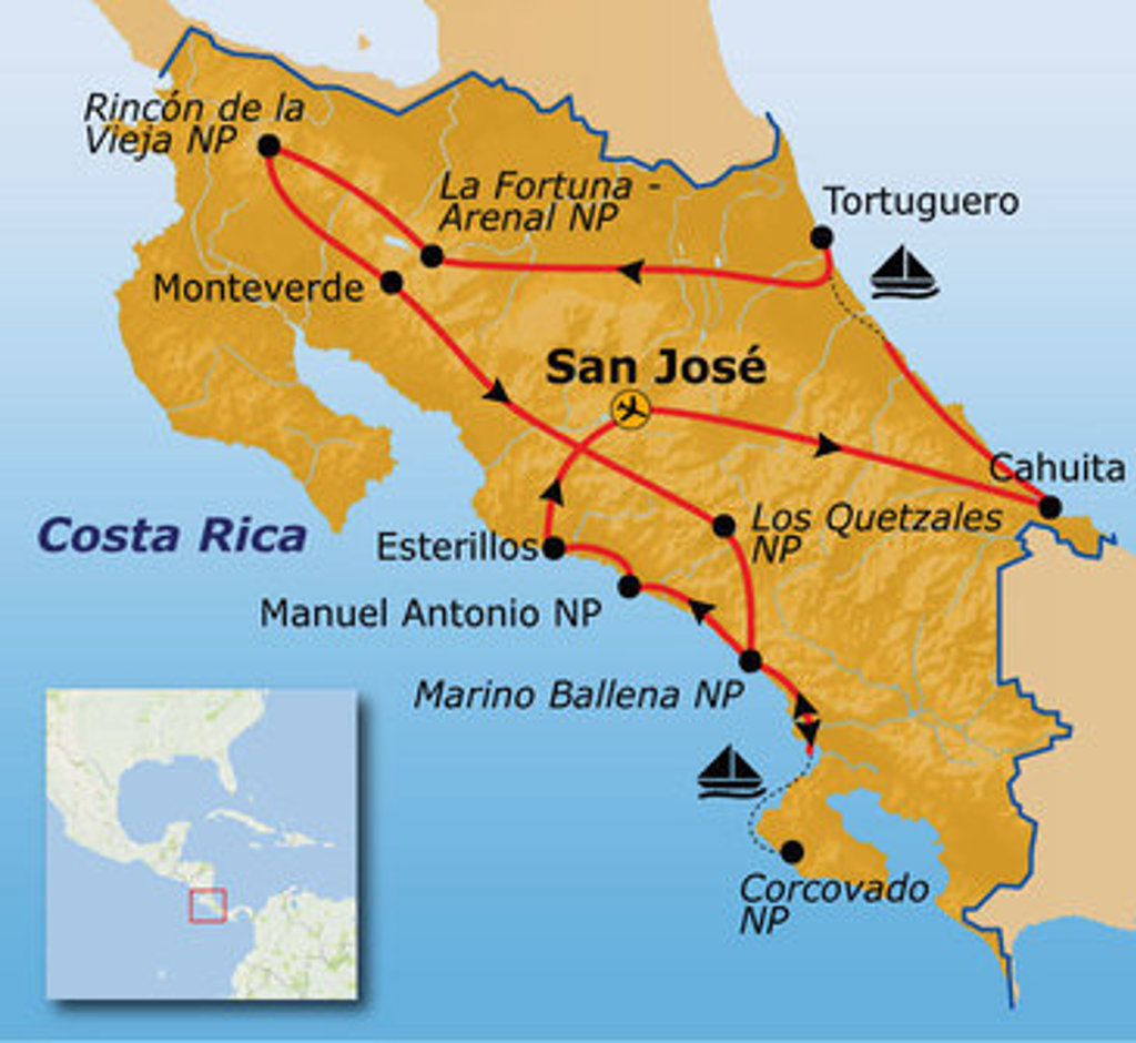 Routekaart Costa Rica met reisroute via San José, Tortuguero, Cahuita, Arenal, Monteverde en Corcovado NP.