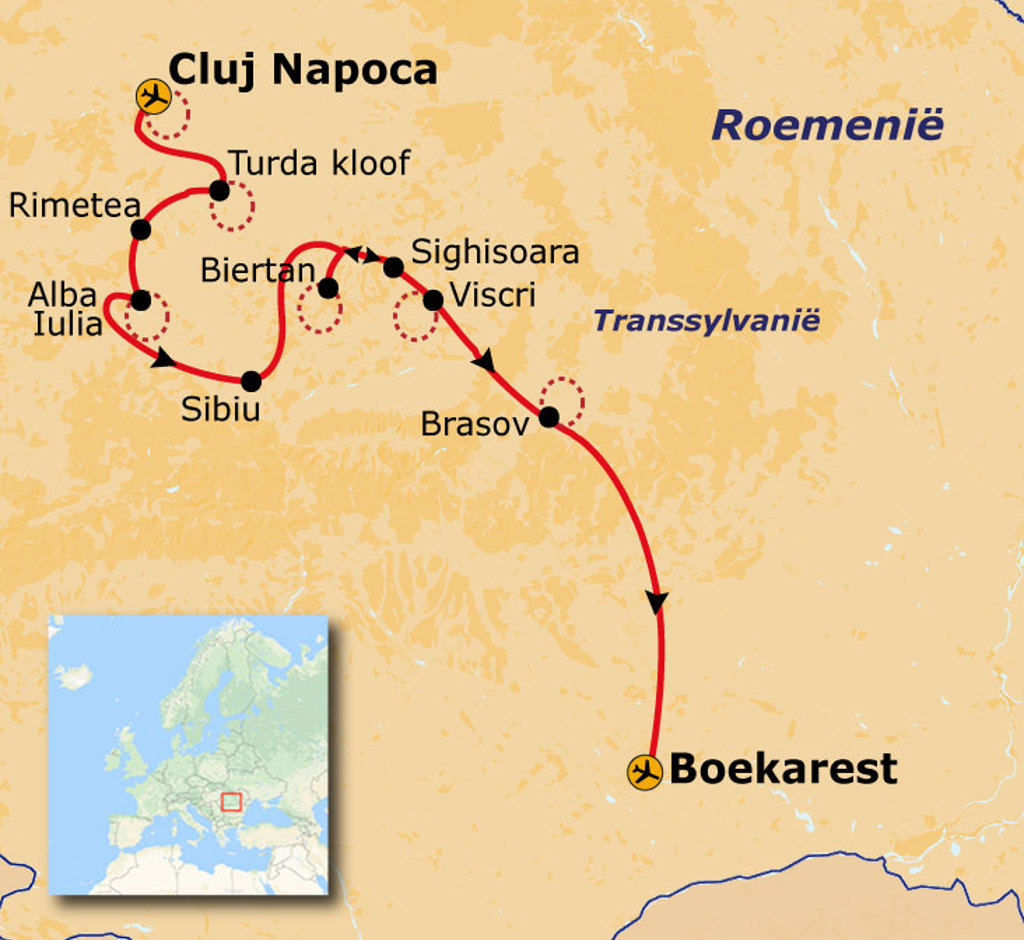 Routekaart Roemenië met reisroute van Cluj Napoca via Sibiu en Brasov naar Boekarest.