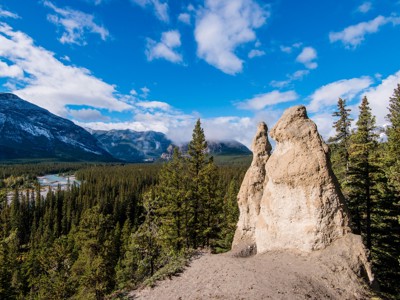 Uitzicht op Hoodoos bij Banff, met dennenbos, rivier en de Rocky Mountains onder een blauwe lucht.