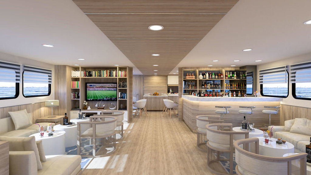 Lounge en bar aan boord van een cruiseschip tijdens de groepsrondreis Galapagoseilanden.