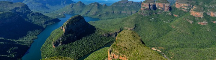 Uitzicht op de Blyde River Canyon en de Three Rondavels in Mpumalanga, Zuid-Afrika.