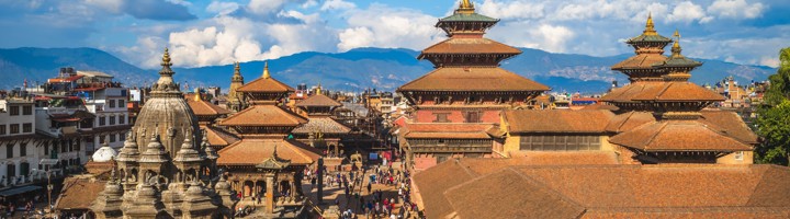 Uitzicht op Patan Durbar Square met tempels en paleizen in de Kathmanduvallei, Nepal.