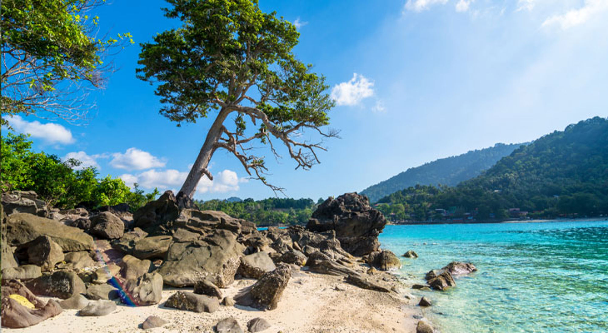 Pulau Weh strand Indonesië Rotsstrand met scheefstaande boom aan helderblauwe zee op een Indonesisch eiland, met groene heuvels op de achtergrond.