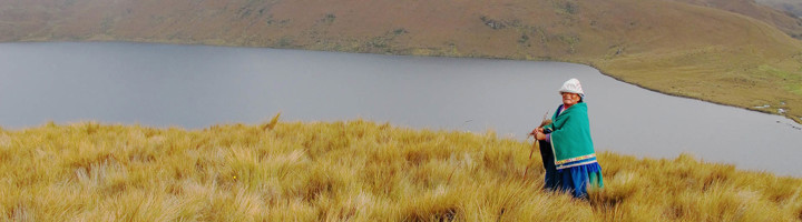 Vrouw in traditionele kleding bij een bergmeer in Ecuador, omringd door graslanden.