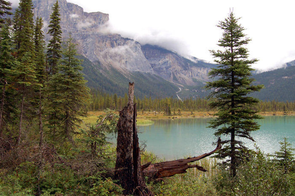 Berglandschap met turquoise meer en dennenbomen in Canada West, met wolken rond de rotswanden.