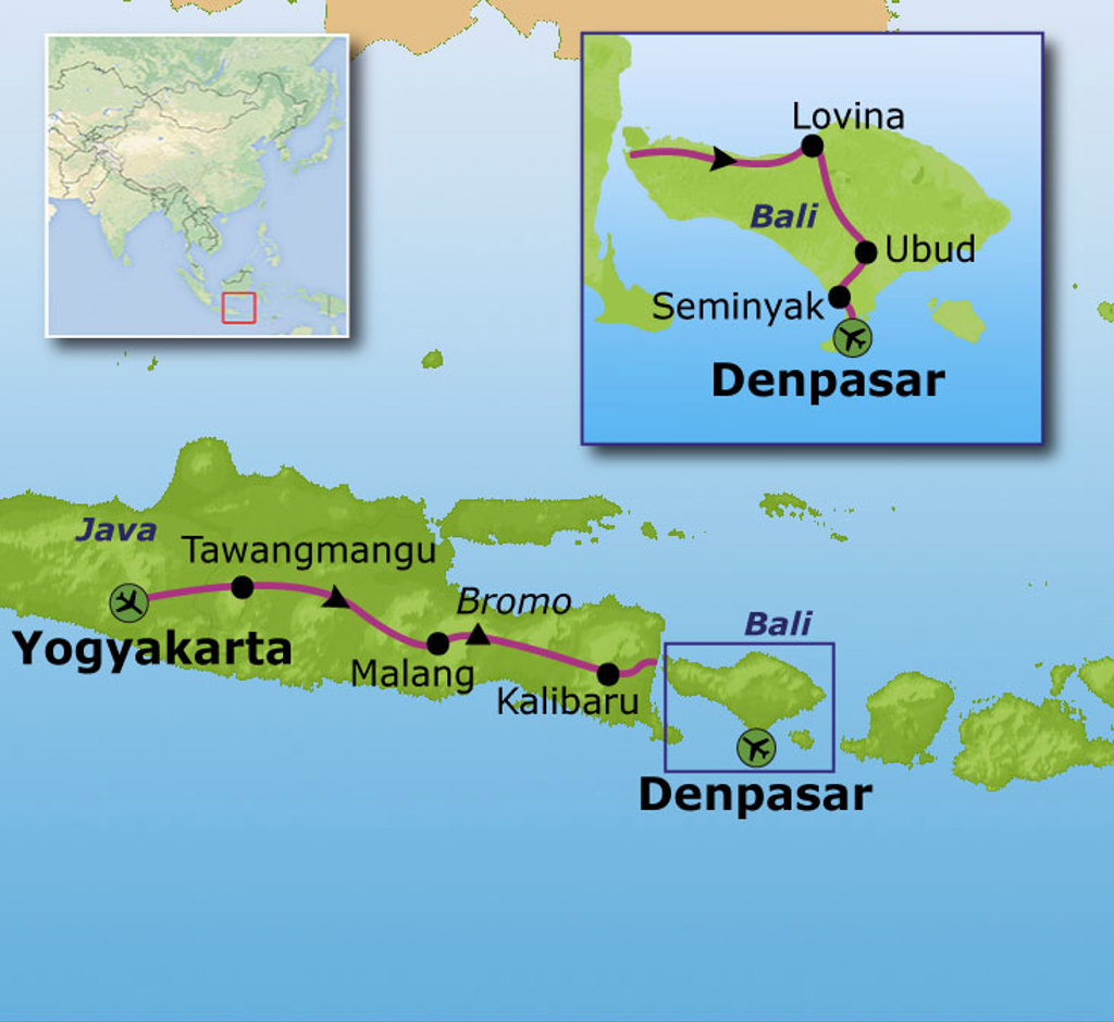 Routekaart Java en Bali (22 juli): Yogyakarta–Tawangmangu–Malang–Bromo–Kalibaru–Denpasar–Ubud–Lovina–Seminyak.
