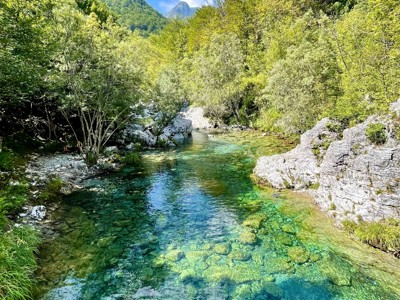 Helderblauwe bergbeek met kristalhelder water tussen groene bossen tijdens de Route Balkan wandelrondreis.