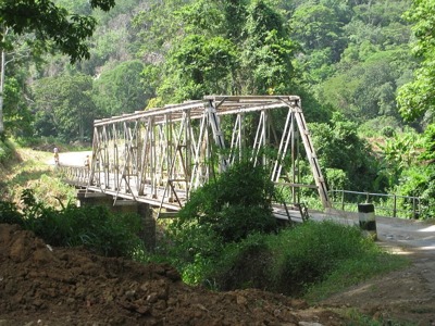 Stalen brug over een groene rivierkloof op de route Zambia, Malawi en Tanzania.