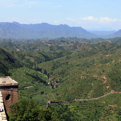 Uitzicht op de Chinese Muur die door groene bergen slingert tijdens een excursie met gids, lunch en entree.