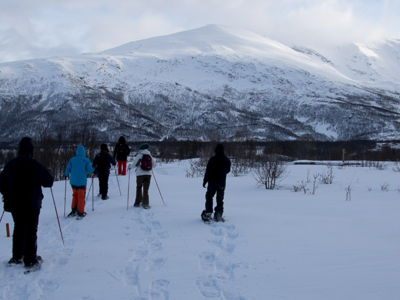 Sneeuwschoenwandeling door besneeuwd landschap in Noord-Noorwegen, met bergen op de achtergrond.