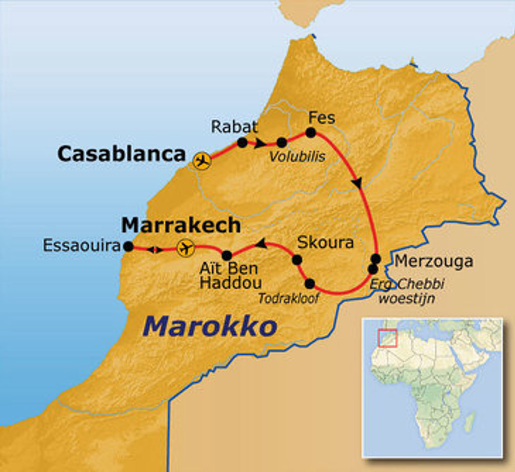 Routekaart Marokko 14 dagen via Casablanca, Rabat, Fes, Skoura, Merzouga, Marrakech en Essaouira.