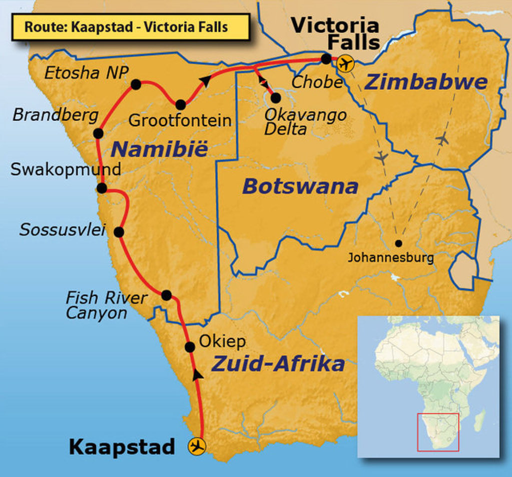 Routekaart Kaapstad–Victoria Falls via Namibië en Botswana, met stops zoals Fish River Canyon, Sossusvlei en Etosha NP.