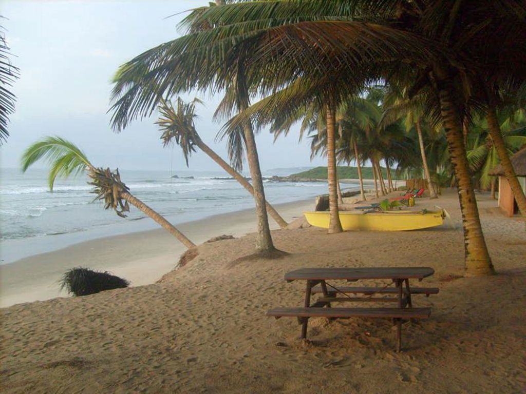 Palmenstrand aan de kust van Ghana met een gele kano op het zand en de oceaan op de achtergrond.