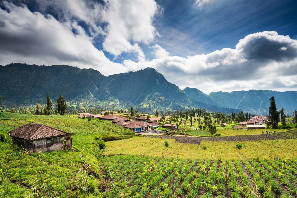 Groen berglandschap met dorp en akkers op Java, Indonesië, tijdens een 22-35ers groepsrondreis.