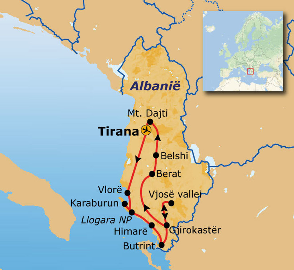 Routekaart Albanië met reisroute langs Tirana, Berat, Gjirokastër, Butrint, Himarë en Vjosë-vallei.
