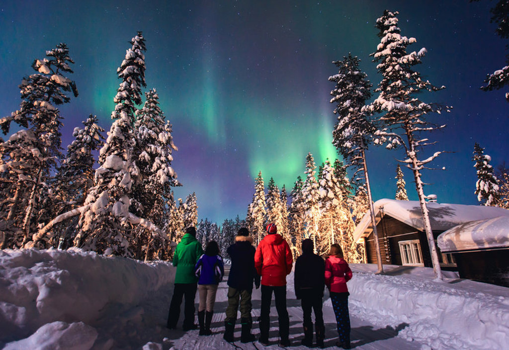 Reizigers kijken naar het noorderlicht boven een besneeuwd bos in Zweeds en Noors Lapland.
