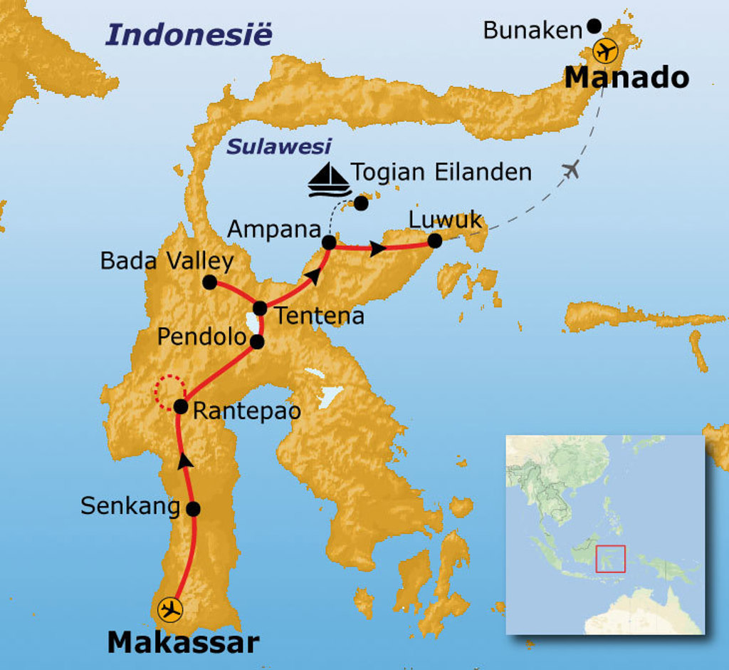 Routekaart Sulawesi met reisroute van Makassar via Rantepao en Tentena naar Manado en de Togian Eilanden.