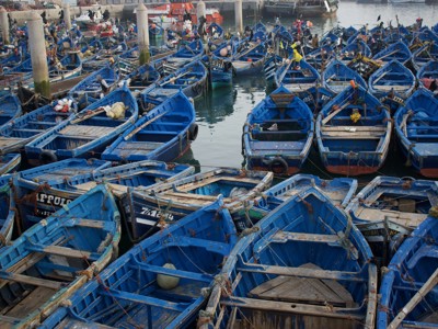 Blauwe vissersboten in de haven van Essaouira, Marokko.