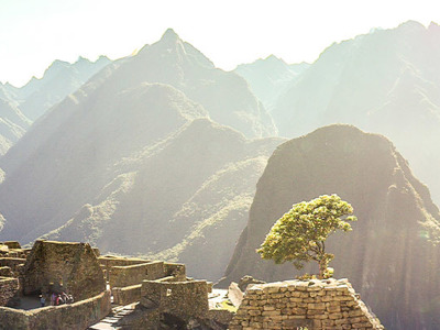 Panorama van Machu Picchu in Peru met Inca-ruïnes en Andesbergen in de ochtendzon.