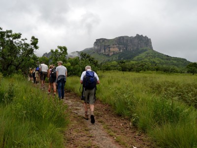 Wandelaars op pad door groen landschap met bergen op de achtergrond, Route Zuid-Afrika.