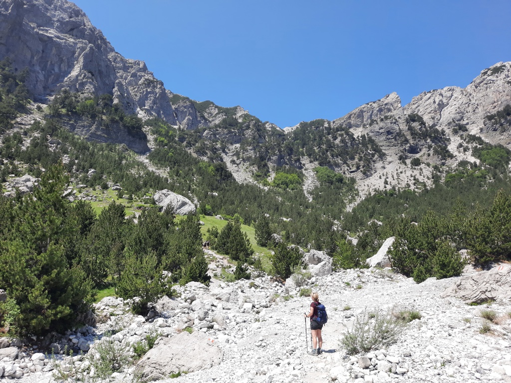 Wandelaar in de Albanese Alpen tijdens Wandelvakantie Peaks of the Balkan, met ruige bergtoppen op de achtergrond.