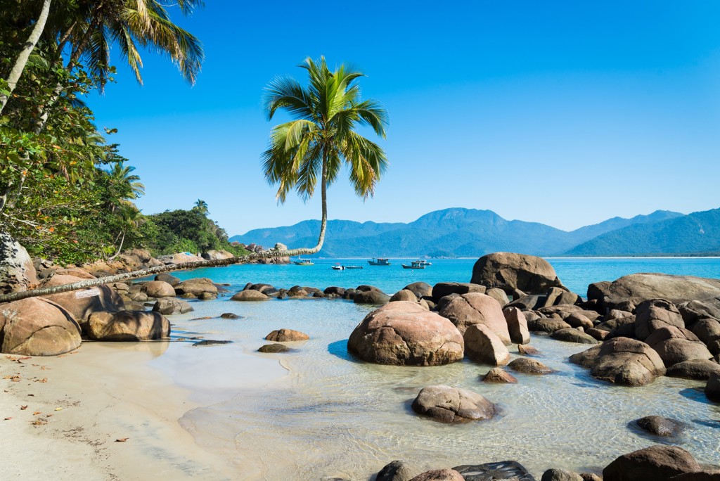 Tropisch strand in Brazilië met palmbomen, rotsen en helderblauw water, gezien tijdens een 22-35ers groepsrondreis.