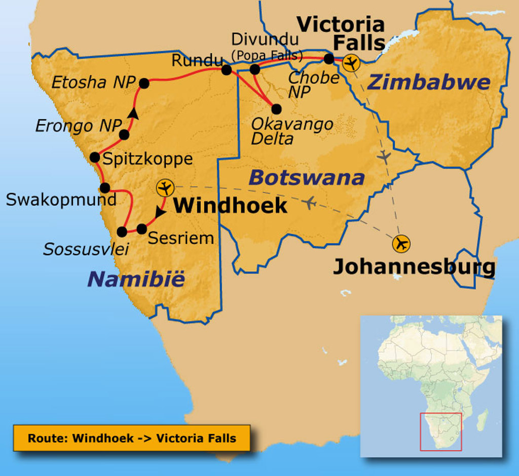 Routekaart Zuidelijk Afrika van Windhoek naar Victoria Falls via Namibië en Botswana, met Etosha NP en Okavango Delta.