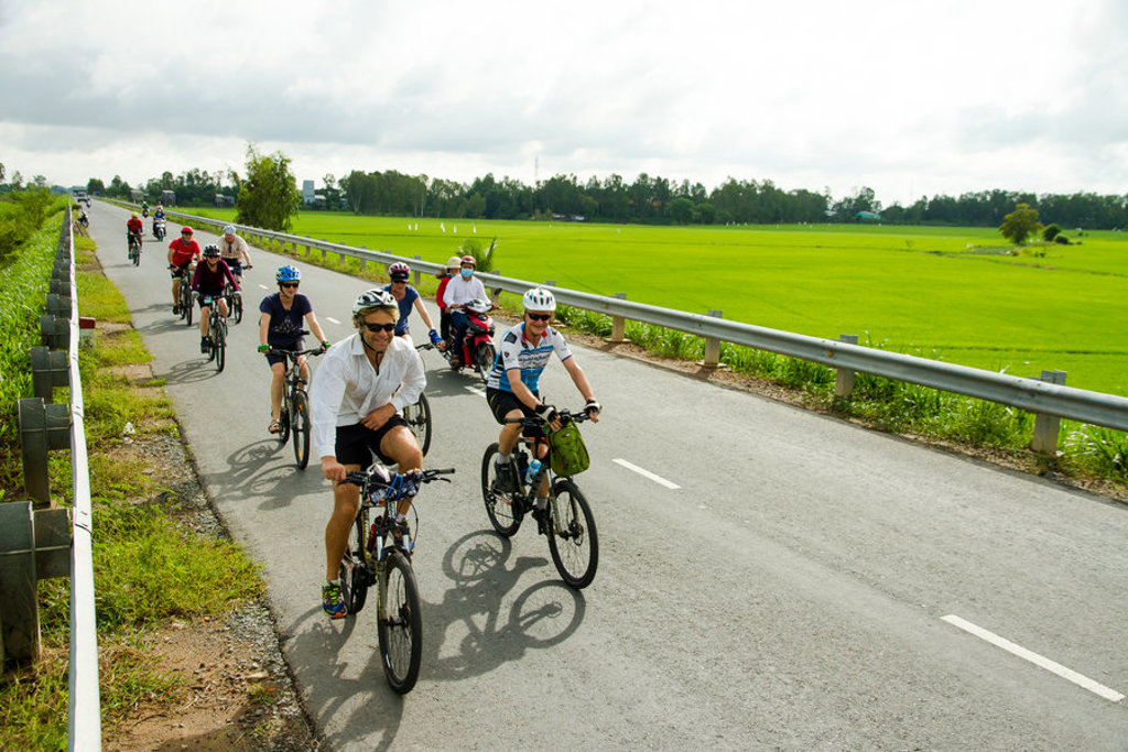 Groep fietsers tijdens fietsvakantie Vietnam, Cambodja & Thailand langs groene rijstvelden.
